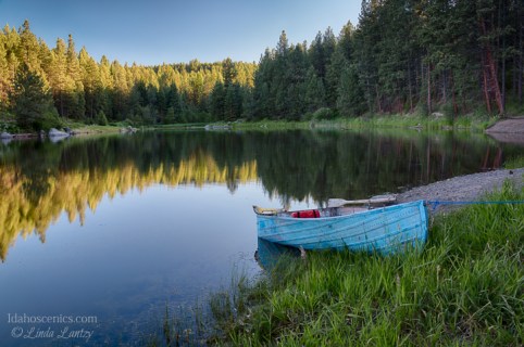 Idaho,, North Central, Winchester. A rowboat moored to the shore of Winchester Lake in Winchester State Park in early summer.
