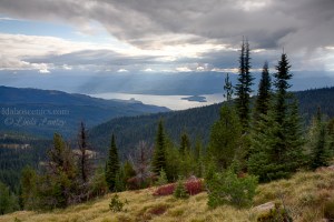 Idaho, North, Bonner County. Priest Lake as viewed from the crest of the Selkirk Range looking west on a late summer afternoon.