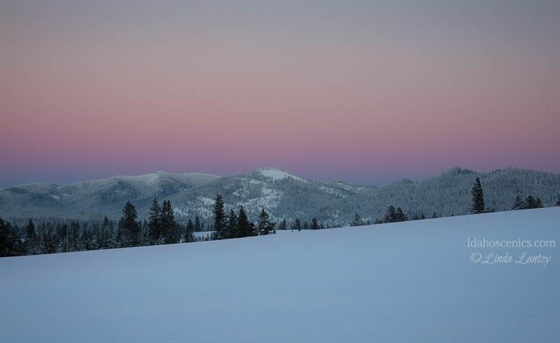 Idaho, North, Harrison.  Rural snow covered landscape, under a pink sunset sky.